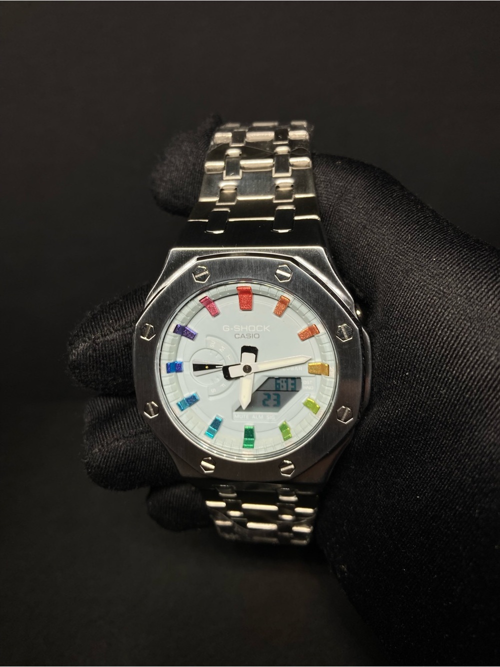 Custom Metal G Shock Grey and Rainbow GMA 2100 Model